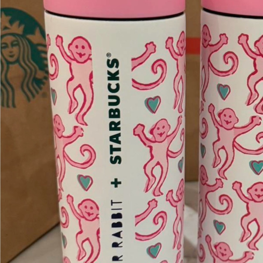 Starbucks Pink and White roller rabbit Monkey Tumbler